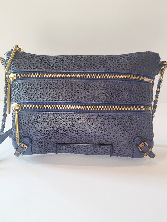 Elliott Lucca Handbags - Elliott Lucca Navy Laser-Cut Floral Crossbody with Gold Hardware